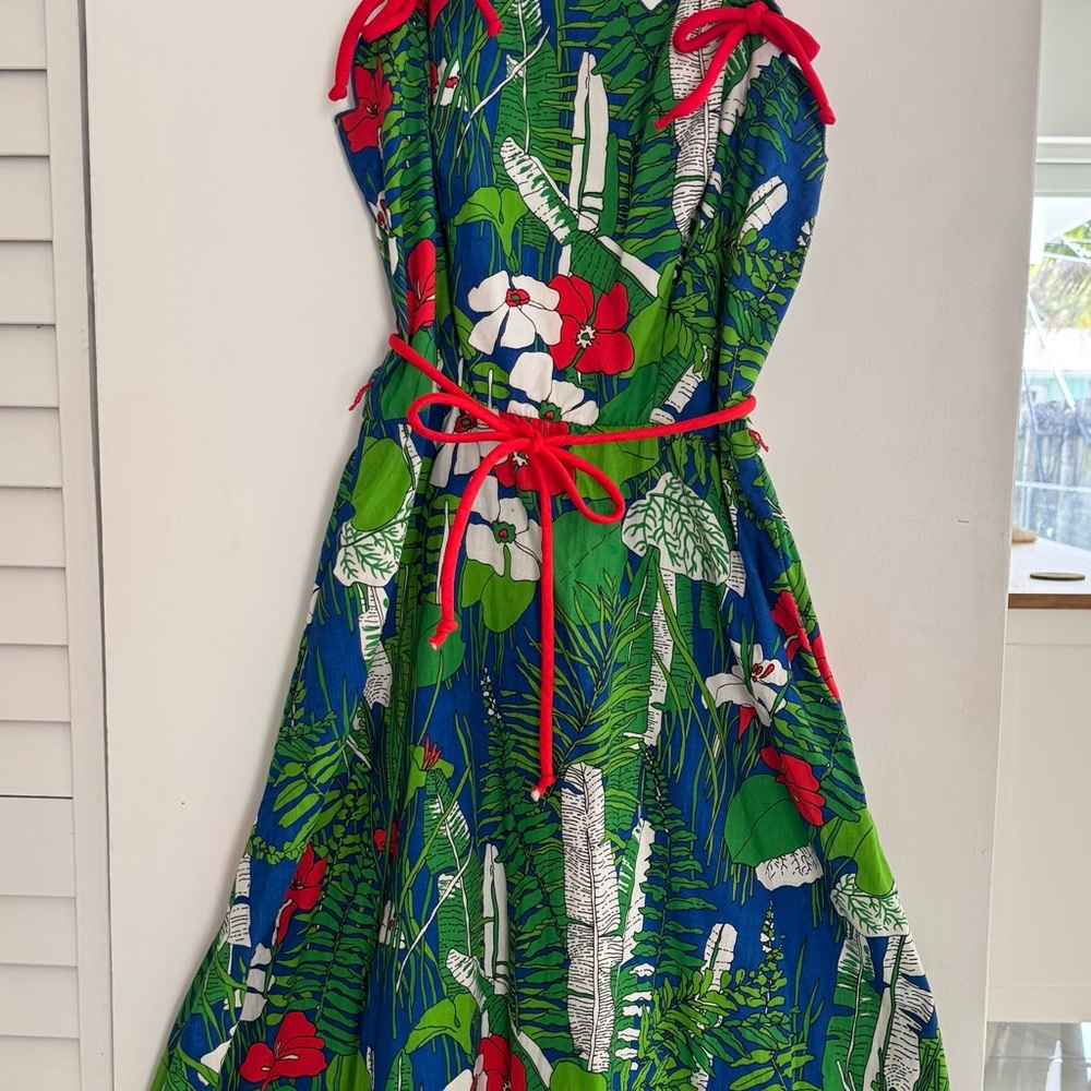 Jenni Vintage 1970s  Blue and Green Floral Midi Dress with Red Accents